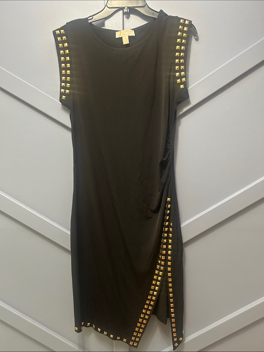 Michael Kors Black Midi Dress with Gold Stud Trim